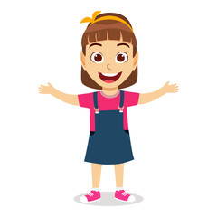 Happy cute cheerful kid girl character wearing beautiful outfit standing and waving showing both hands