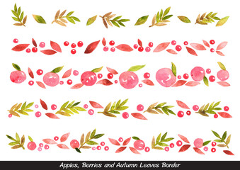 Apples, berries and Autumn leaves border for decoration on Thanksgiving festival, farm land and organic food concept.
