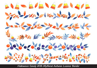 Candy corn, candy stick, toffee and mythical autumn leave border watercolor for decoration on Halloween festival.