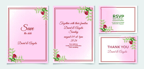 Wedding invitation card set template with flowers and leaves watercolor Premium Vector