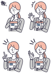 家のことを考えるスーツの女性　シンプルイラスト