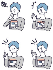 家のことを考える男性　シンプルイラスト