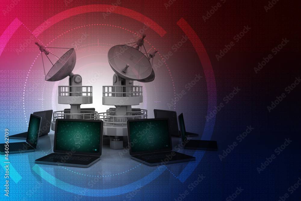 Poster 3d rendering computer network with satellite