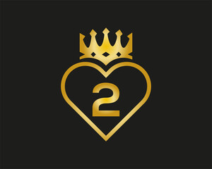 letter 2 Logo with love And Crown Shape golden color  vector template