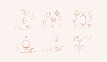 Vector design linear hands template logos or emblems - hands in in different gestures. Abstract symbol for cosmetics and packaging or beauty products. Vector illustration
