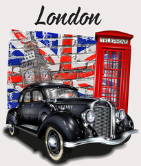 London typography for t-shirt print with Big Ben,retro car and red phone booth.