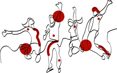 continuous line drawing of four jumping happy team members design. Line drawing banner and poster design for social media and print media.