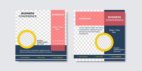 Set of modern webinar social media post templates with blue, orange and yellow color concept design. Suitable for online marketing promotion banner, webinar, seminar, flyer, ads, etc.