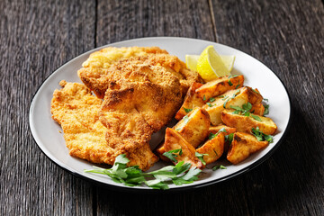 crispy Chicken Cutlets with spicy roasted potatoes