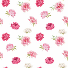 Beautiful seamless floral pattern with hand drawn watercolor gentle pink peony flowers. Stock illuistration. Autotraced vector.