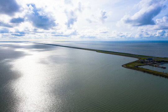 Aerial view, Dutch highway at the afsluitdijk. The dike is the connection between Friesland and Noord-Holland and seperates the Waddensea from the IJsselmeer, Netherlands