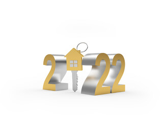 Golden number 2022 with house key. 3D illustration