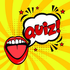 Quiz in comic pop art style. Quiz brainy game word. Comic book explosion with text Quiz. Vector bright cartoon illustration in retro pop art style. 