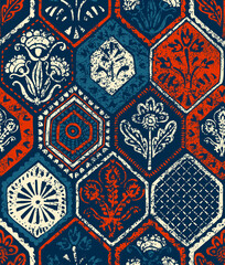 Hexagon tiles seamless pattern. Grunge texture. Ethnic and tribal motifs. Handmade. Patchwork print. Vector illustration.