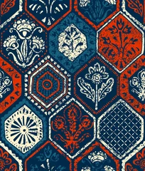 Door stickers Portugal ceramic tiles Hexagon tiles seamless pattern. Grunge texture. Ethnic and tribal motifs. Handmade. Patchwork print. Vector illustration.