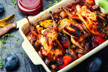Whole quail stewed in plum