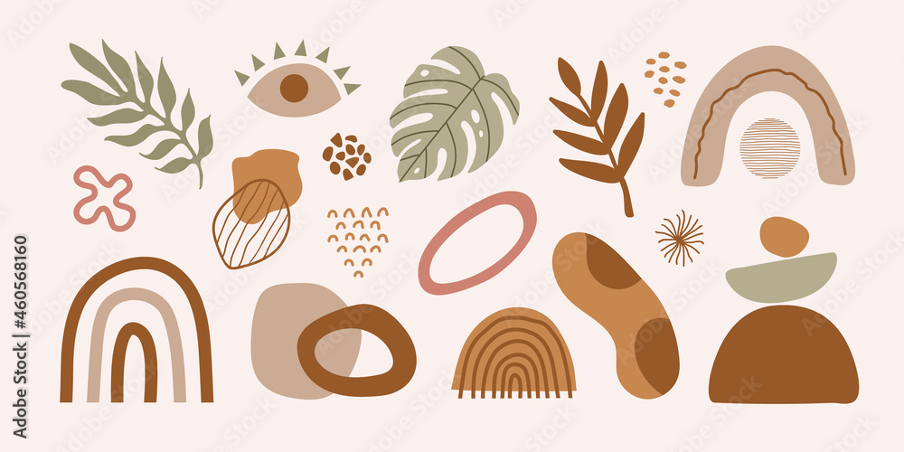 Poster Modern set of hand drawn various shapes, tropical elements and doodle objects. Abstract contemporary trendy vector design in boho style