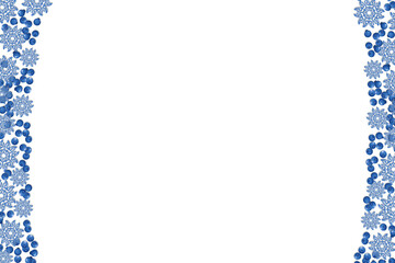 Christmas banner with blue snowflakes and blueberry on white background. Empty paper shape. Winter cartoon flat illustration. Copy space. Holiday pattern, frame, greeting card design