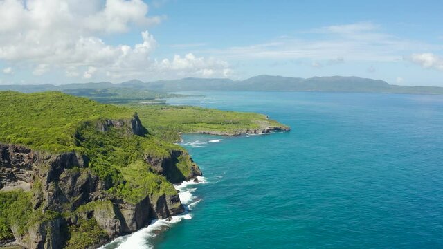 Volcanic islands in the Atlantic Ocean landscape. Travel to a tropical paradise. Samana Peninsula Dominican Republic landscape. Islands of the Caribbean.