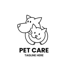 Pet Care logo design template. Abstract hugging dog and cat in outline style. Stock vector illustration.