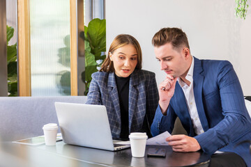 Caucasian business people is working on new strategic planning for next year using laptop while working in green eco friendly modern working space surrounded by air purifying plant