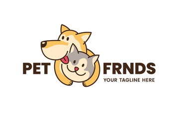 Pet Friends logo design template. Abstract hugging cartoon dog and cat. Stock vector illustration.