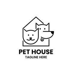 Pet House logo design template. Pet shelter or vet clinic logo design template. Abstract dog, cat and house in outline. Stock vector illustration.