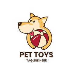 Pet Toys logo design template. Cartoon dog hugging the ball. Stock vector illustration.