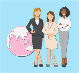 ペーパーカット デザイン風　多民族のビジネスウーマン チームと地球