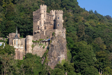 Rheinstein Castle on the upper middle Rhine River near Trechtingshausen, Germany. Also known as also called Burg Rheinstein.