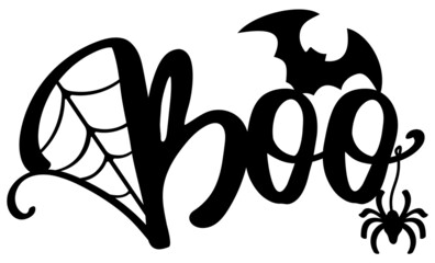 Laser cutting halloween template. Boo scary concept. Lettering design with bat, spider and net. Boo vector sign. Halloween message silhouette.  Isolated on white background.