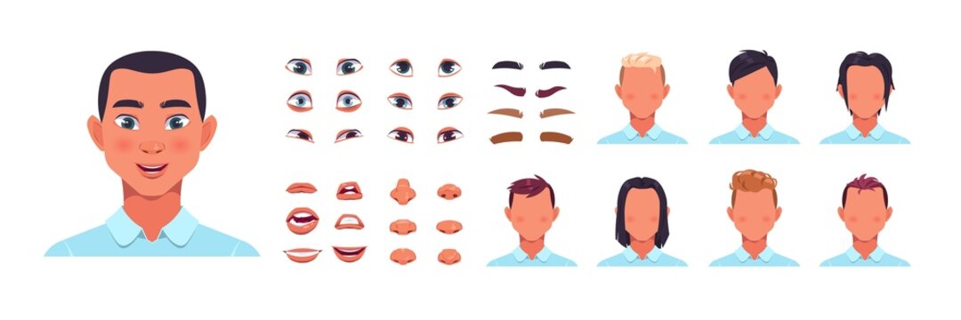 Man face kit. Male avatar constructor kit with hair, nose and lips. Facial shapes and hairstyle templates. Eyes with eyebrows creation. Vector cartoon portrait editable elements set