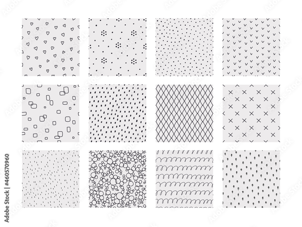 Poster geometric doodle patterns. hand drawn seamless prints. minimalistic backgrounds with dots and lines,
