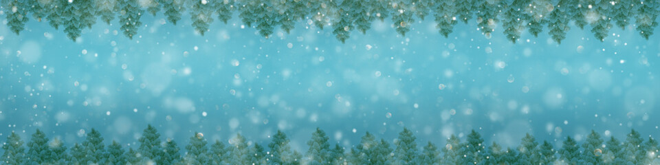 Fototapeta na wymiar Christmas trees on snowy background border.