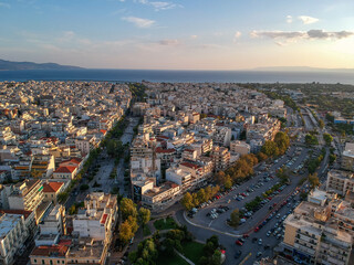 Fototapeta premium Beautiful panorama view over the center of Kalamata city, Greece. Aerial photography over Messenia, Greece, Europe