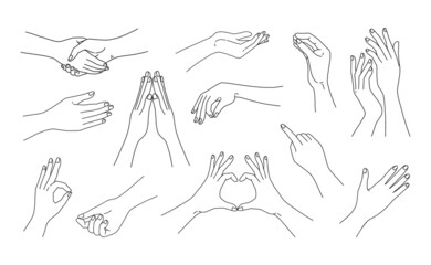 Woman hand gestures. Doodle line female arms sketches for social media post and beauty cosmetic advertising. Handshaking and finger love symbol. Vector silhouette human body parts set