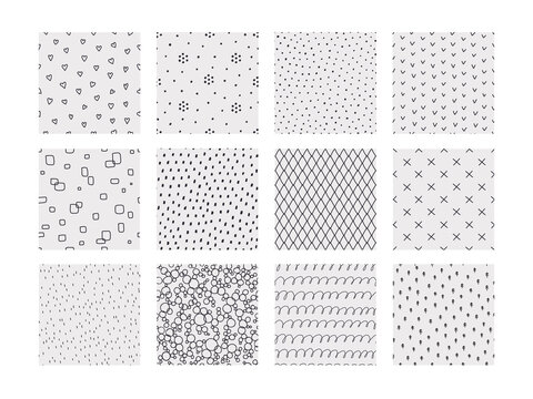 Vecteur Stock Geometric doodle patterns. drawn seamless prints. Minimalistic backgrounds with dots and lines, strokes or rings. Colorful sketch ornaments. Vector abstract decorative covers set | Adobe