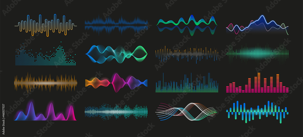 Poster Soundwave. Audio spectrum waveform. Sound frequency and music pulse graphic effect. Volume and radio signal equalizer template. Vector soundtrack recorder dynamic level elements set