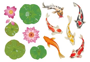 Obraz premium Koi fish in pond. Cartoon traditional oriental scene with golden carp, lotus leaves and flowers. Japanese water pool decoration natural elements set. Vector botanical Asian background