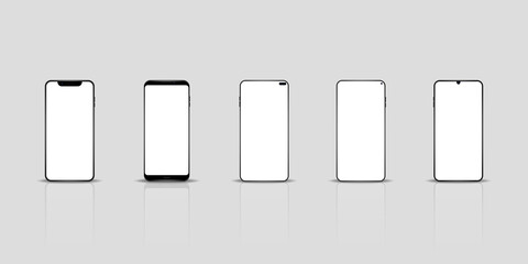 Realistic smartphones with blank white screen mockups