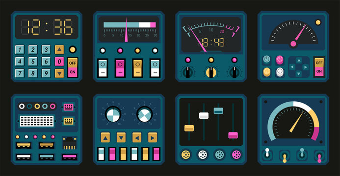 Control panels. Retro PC and radio dashboard with switches and buttons. Connection ports, tuners and dials. Computer interface templates. Electric device UI elements. Vector boards set