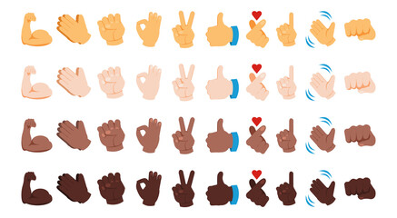 Fototapeta premium Diverse hand emoji. Various skin color gestures. Black yellow and white thumb up signs. Waving and praying arms emoticons. Peace or OK palm icons. Vector messenger chatting symbols set
