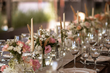 A very nicely decorated wedding table appointments with beautiful decor with plates and serviettes in spring garden. Beautiful flowers on table in wedding day. The elegant dinner table.