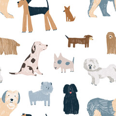 Hand-drawn colorful childish simple seamless pattern with dogs in Scandinavian flat cartoon style isolated on white background. Hatch graphic doodle dogs set for kids. Cute animals dogs print.