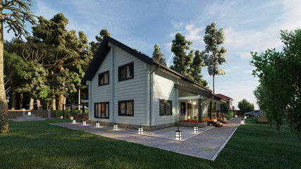 New beautiful house on a summer evening. 3d illustration