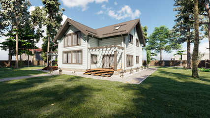Fototapeta na wymiar New beautiful house on a summer morning. 3d illustration