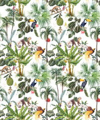 Mooie naadloze tropische bloemmotief met hand getrokken aquarel exotische jungle palmbomen en dieren. Toekanaap en paradijsvogel. Voorraad illustratie.