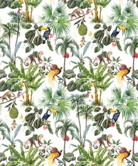 Printed kitchen splashbacks Jungle  children room Beautiful seamless tropical floral pattern with hand drawn watercolor exotic jungle palm trees and animals. Toucan monkey and paradise bird. Stock illustration.