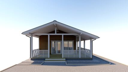 3D model of a one-story frame house with a veranda. 3D illustration, 3d rendering