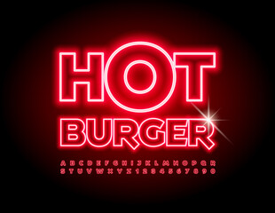 Vector Neon Emblem Hot Burger. Glowing Artistic Font. Creative Alphabet Letters and Numbers set